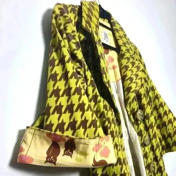 Ivy Jane RARE Vintage Houndstooth Coat In Muted Lime & Earth Brown With Belt XS